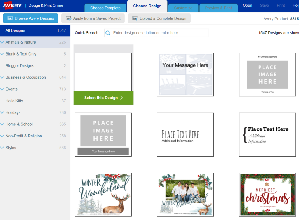 screenshot of Avery Design & Print app to make printable valentine's day cards