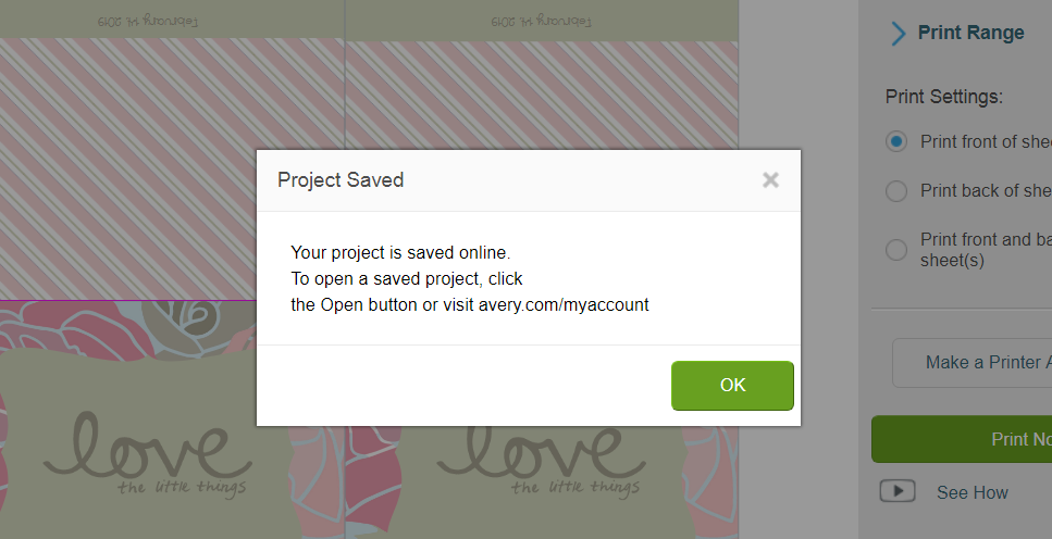 screenshot of Avery Design & Print app to make printable valentine's day cards