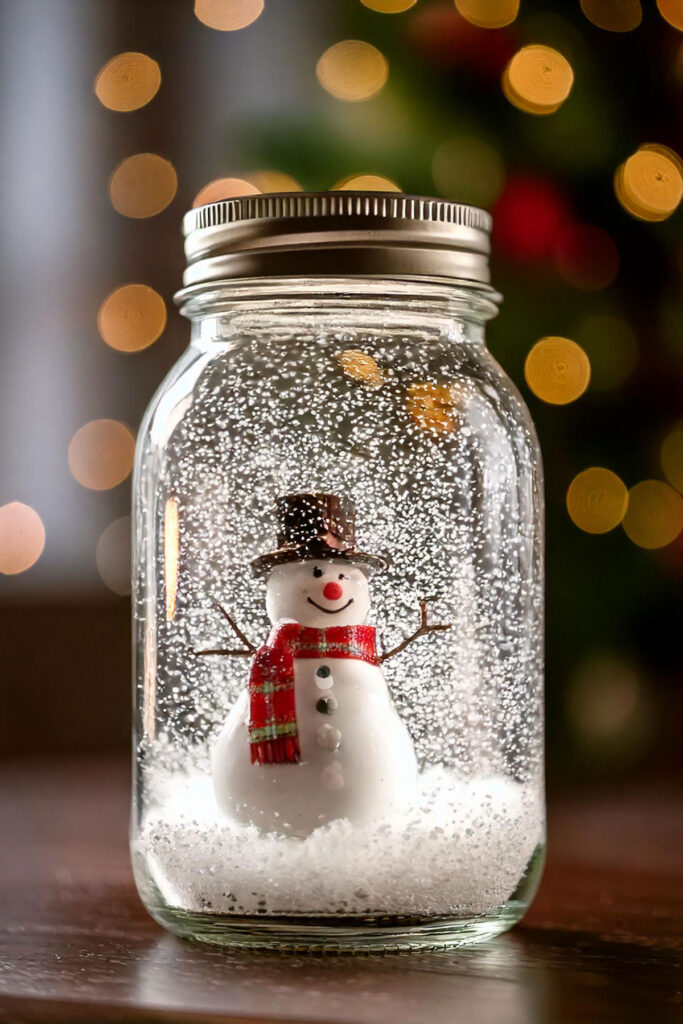 Gift-wrapped DIY mason jar snow globe under Christmas tree