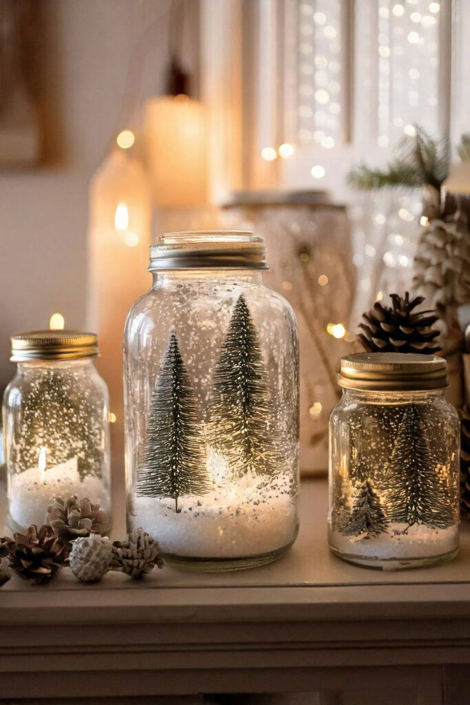 Festive mantel display with various DIY mason jar snow globes