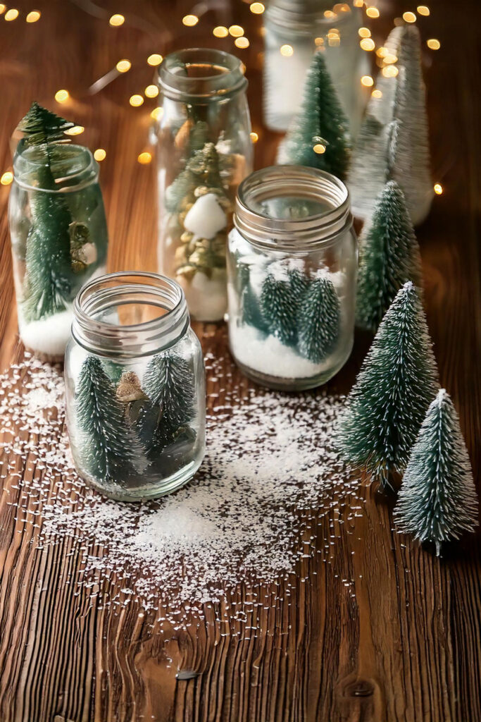 Craft supplies for DIY mason jar snow globes on wooden table