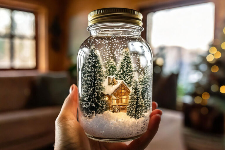 Hand holding a magical DIY mason jar snow globe with winter scene