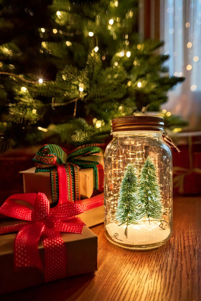 Gift-wrapped DIY mason jar snow globe under Christmas tree