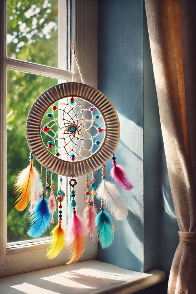 Handmade decorative dream catcher made from paper plate with feathers and beads