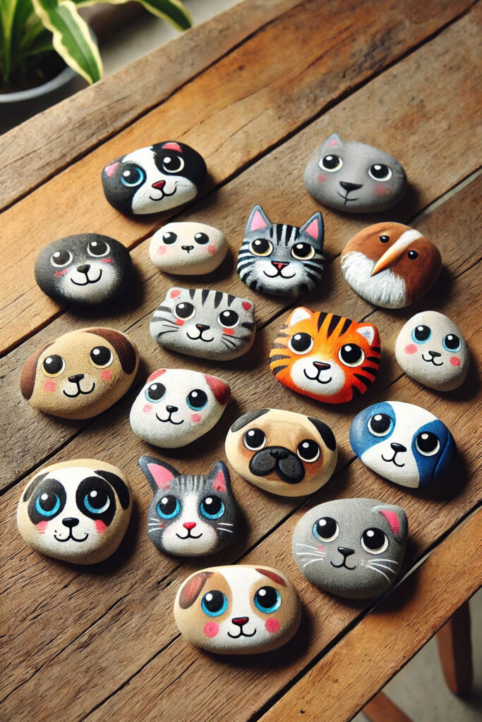 Collection of creative painted rock pets with various face designs