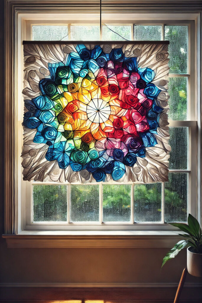 Tissue paper stained glass art displayed on rainy window