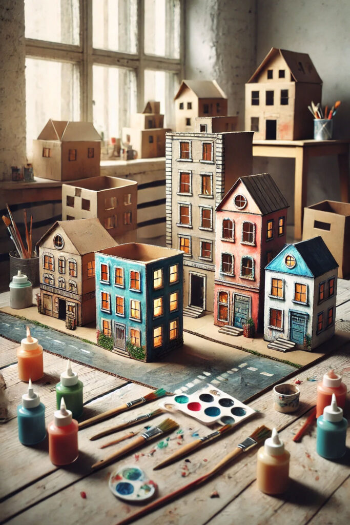 Child-made cardboard city with painted buildings under construction