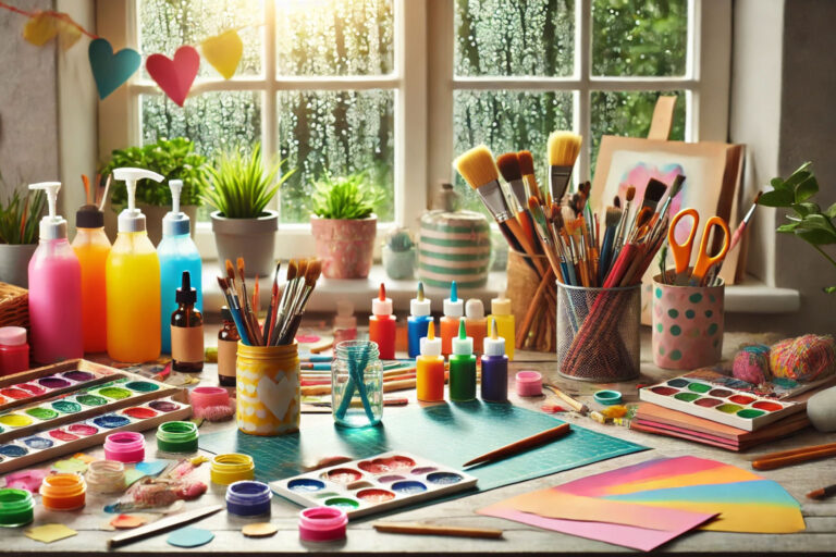 Organized craft supplies on a rainy day art table ready for creative projects