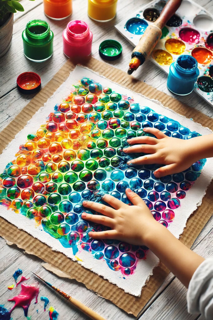 child creating colorful bubble wrap print art on white paper