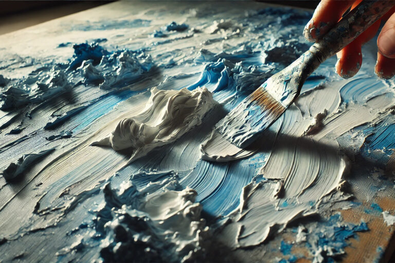 Artist applying thick impasto paint layers with palette knife showing textural details