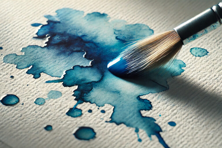 Close-up photograph of blue watercolor paint spreading on wet paper, demonstrating the wet on wet technique