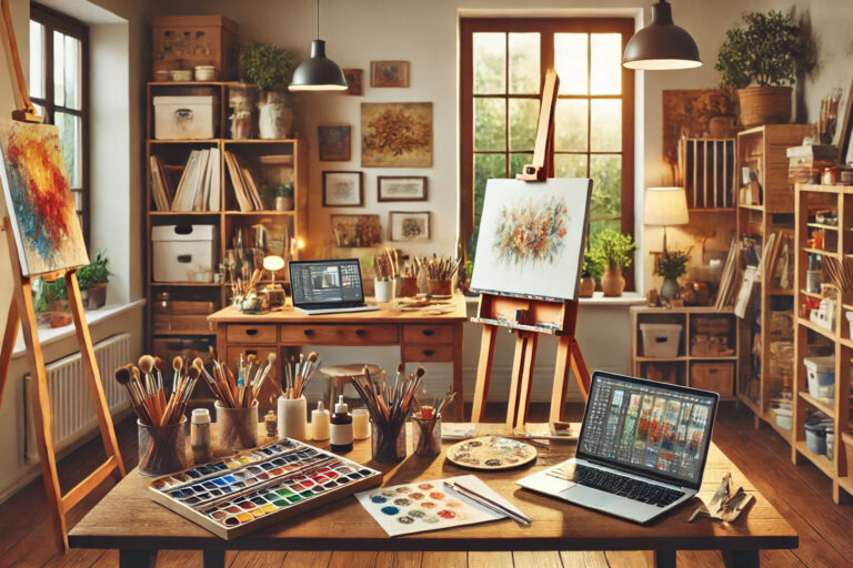 organized home art studio setup for online learning with natural lighting