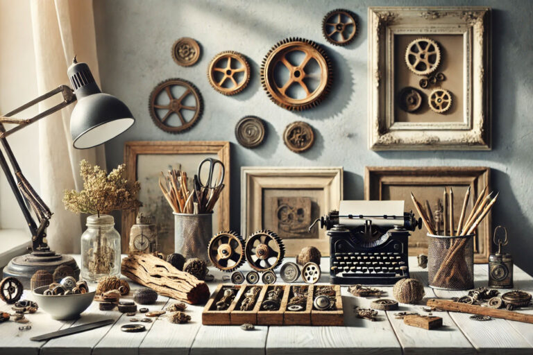 Organized collection of vintage found objects including metal gears, buttons, and driftwood on a wooden workspace table