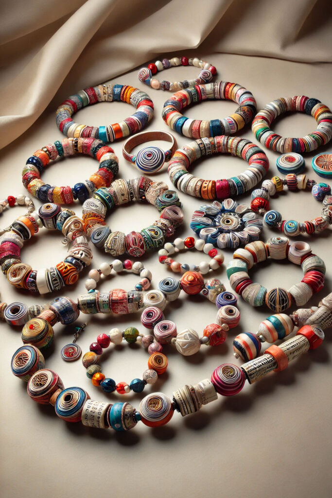 Display of handcrafted magazine paper jewelry pieces including necklaces and bracelets - magazine art upcycle