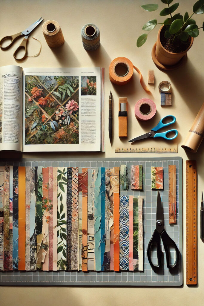 Overhead view of magazine paper craft supplies and workspace