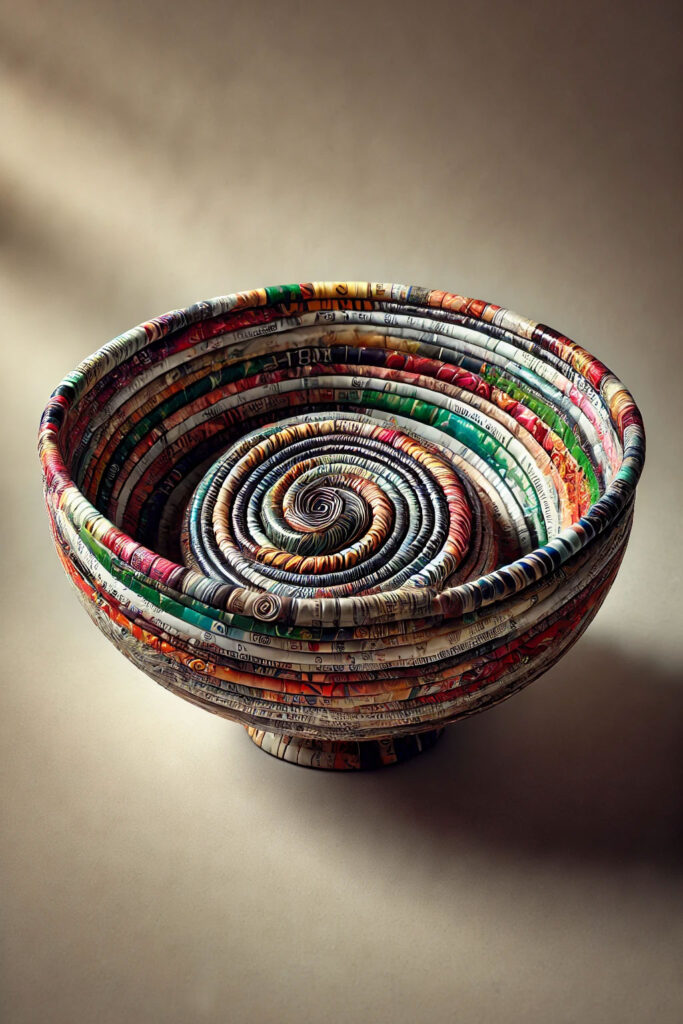 Finished decorative bowl crafted from coiled magazine pages - magazine art upcycle