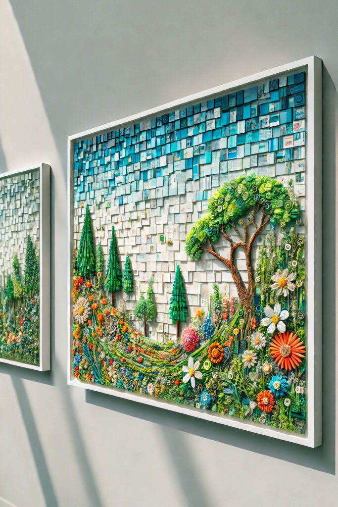 Mosaic wall art created from tiny magazine squares forming a nature scene - magazine art upcycle