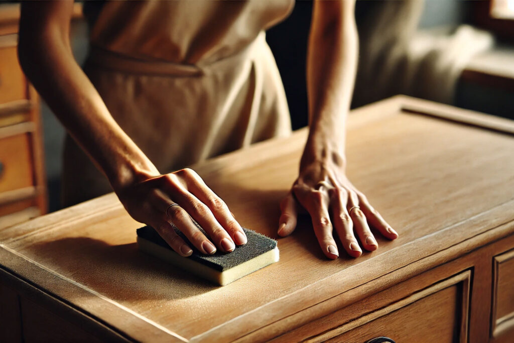 Person demonstrating proper wood sanding technique for furniture restoration