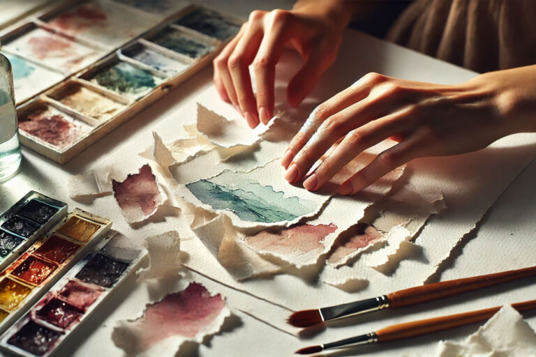 Artist's hands arranging torn watercolor paper pieces with wet brushes nearby