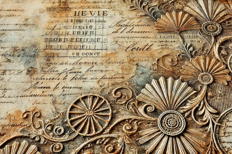 Layered mixed media artwork showing various sizes of handwritten text creating depth and texture
