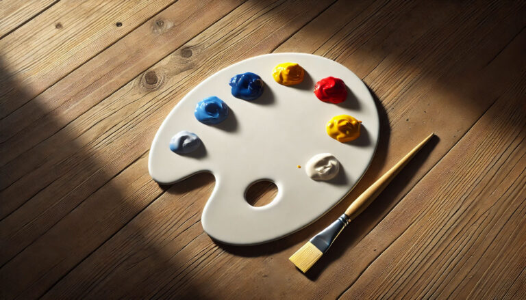 Fresh primary colors arranged on a clean white artist's palette with mixing tool