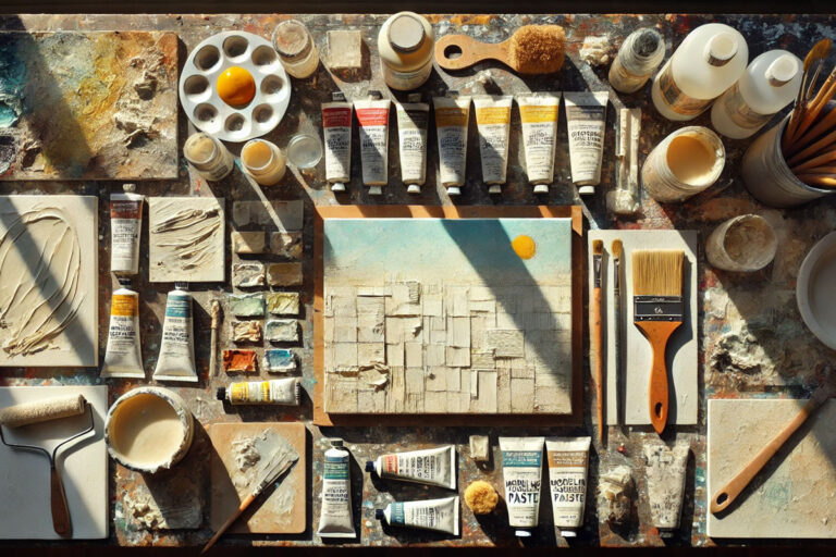 Overhead view of artist's desk showing various tools and materials for creating texture in acrylic painting